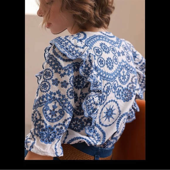 Sezane South Blouse in Ecru Blue Eyelet Embroidered Ruffle Linen Blend - Picture 6 of 13